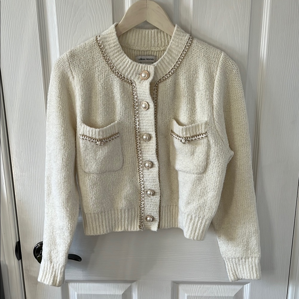Urban revivo Cream Knit Cardigan with Pearl Buttons